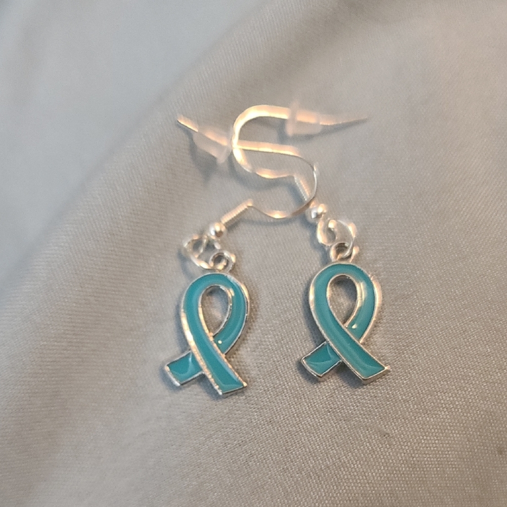 Teal and Silver Dangle Hook 925 Earrings NWT Cancer - Picture 1 of 5
